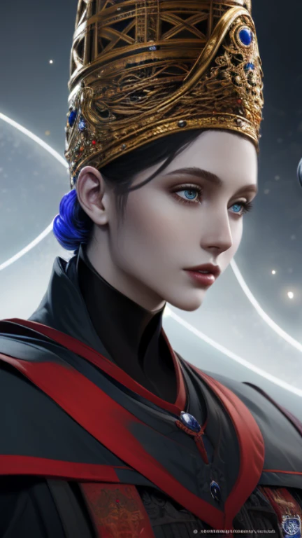 {{{masterpiece}}}, {{{best quality}}}, {{{ultra-detailed}}}, {cinematic lighting}, {illustration}, very detailed lips, expressionless, 1girl, black_hair, blue_eyes, large cone crown, black robes, red sashes, staff, elegant, Rennala, Queen of the Full Moon, Elden Ring, Full Moon, {Portrait}, looking at viewer