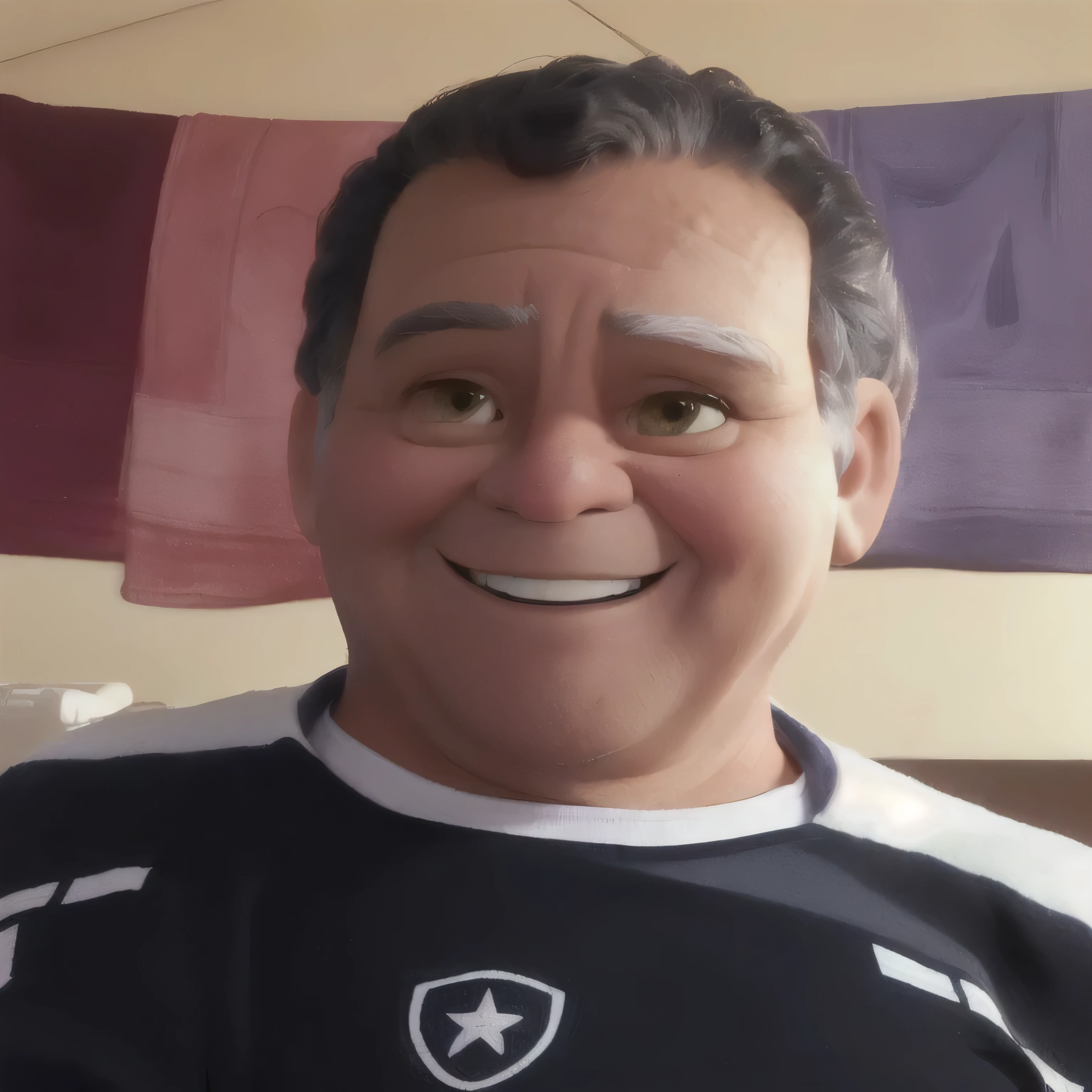 desenho colorido tipo pixar de um senhor mais velho sentado no sofa, barrigudo, pele clara, cabelo curto, cabelo branco, vestindo uma blusa preta
