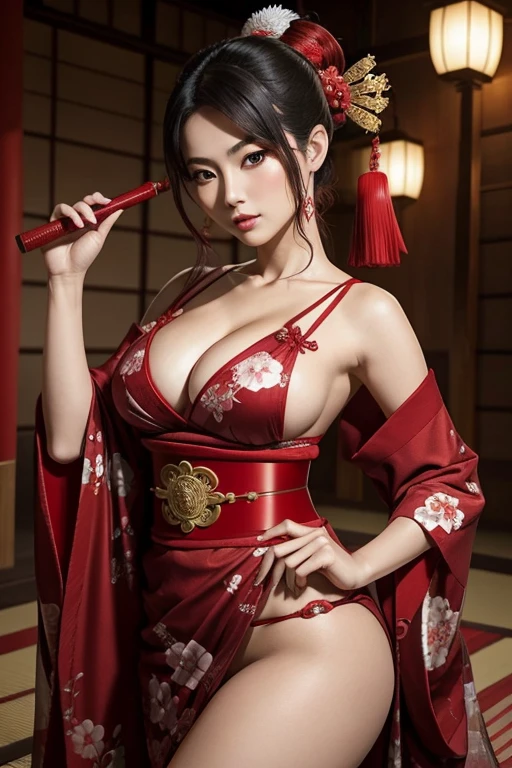 Mujer peliroja rojo intenso, from ancient japan with kimono, en pose sexy y con abanico y tocado extravagante