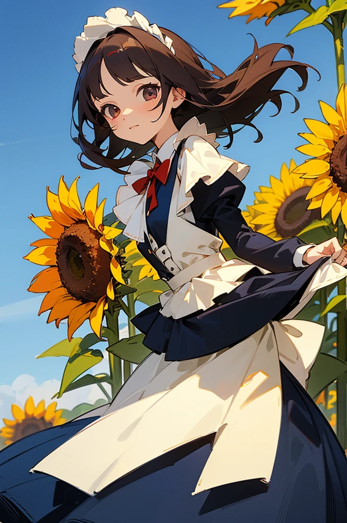 girl about with sunflowers she jumping with maid dress masterpiece detailed face hair with touch of blue and red dress near the camera looking at the viewer
