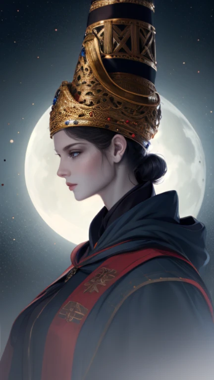 {{{masterpiece}}}, {{{best quality}}}, {{{ultra-detailed}}}, {cinematic lighting}, {illustration}, very detailed lips, expressionless, 1girl, black_hair, blue_eyes, large cone crown, black robes, red sashes, staff, elegant, Rennala, Queen of the Full Moon, Elden Ring, Full Moon, {Portrait}, looking at viewer