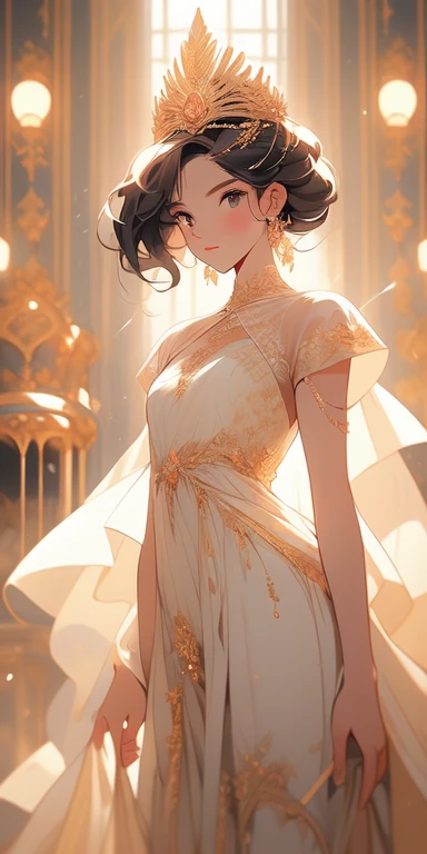 (Obra maestra:1.2), Mejor calidad, (illustration:1.2), (ultra detallado), hiper detalles, (delicado detallado), (detalles intrincados), (cinematic light, Mejor calidad Backlights), Delete line, solista, Cuerpo perfecto, (1 chica), pelo blanco y ojos turquesas, (emperador, ropa negra transparente), (corona: 1.1), sentado en el trono, Ojos ligeramente cerrados, Cabeza abajo, (Shy: 1.2 ), (constituir), alto contraste, (mejor iluminacion, un extremadamente creado y hermoso), (cinematic light), vistoso,