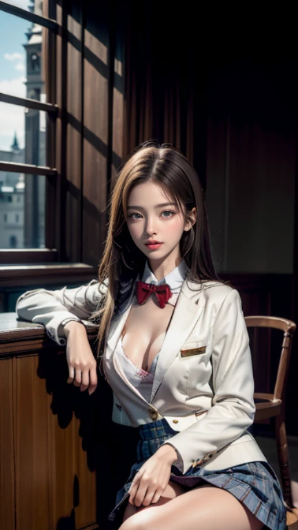 op quality work,Actual work,Ultra Premium Graphics,8K HD CG works,High quality graphics,High-definition CG works,10x pixels,Extremely fine detail:1.1,Advanced Technical Details:1.1 Photorealistic,Indoor lighting effects:1.5,Natural light:1.5. Light effects(virtual Light effects:1.8),超A high resolution,shiny red dress,長いSilver Hair,Silver Hair,Transparent Hair,Hair with attention to detail(premium hair detail:1.1)Clear Eyes,Beautiful double eyelids,Sharp eye makeup, Delicate eyelash makeup, Thin eyebrows, Highly detailed eyes,High nose, Nice red lips, Rose Cheeks, A face with delicate makeup , Cute face, perfectly balanced face,(Advanced Face Detail:1.1),Shiny,wonderful dress,bright red series,(White Blazer) 、(White blouse)、(Red bow tie)、(Check skirt)、(No bra)、、girl 、photo shoot,woman'artwork of,Full body portrait,realism,wonderful,My eyes are shining today,Girl sitting with her legs crossed、Help the old janitor masturbate.