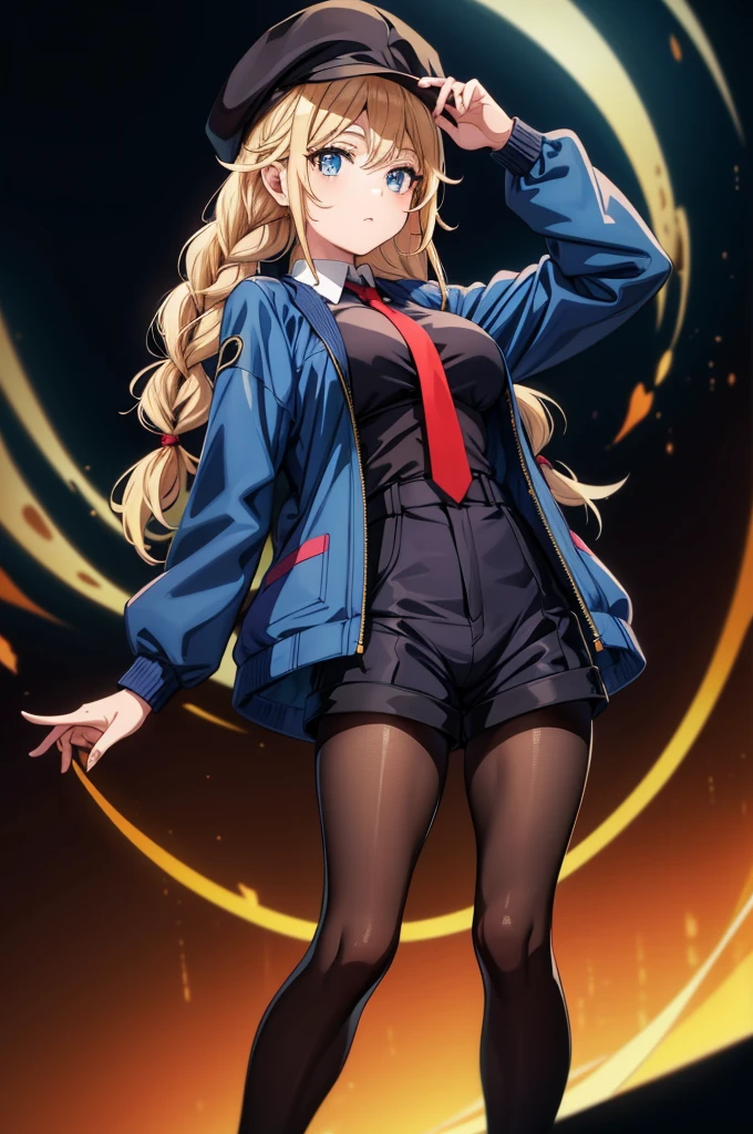 blonde haired girl in tight fitting blue jacket standing against black backdrop, 1girl, solo, blonde hair, braid, twin braids, pantyhose, shorts, long hair, blue eyes, hat, necktie, looking at viewer, shirt, jacket, red necktie, black headwear, breasts, white shirt, black pantyhose, shoes