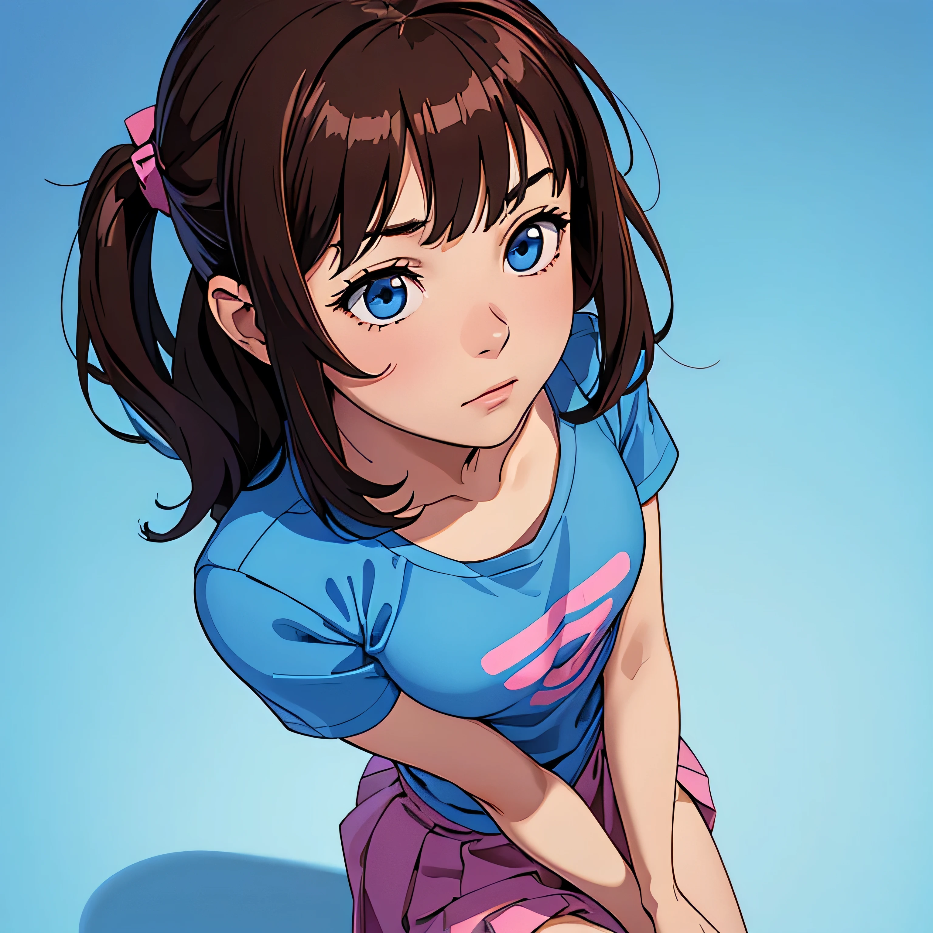 from above ,blue background,brown hair,squint eyes,pixelated,shy,(luca (kuruton486)),highres,1girl,solo,kuruton486,tight pink shirt,,blue skirt, blue eyes,tshirt,side bangs, hair bangs, sharp almond eyes
