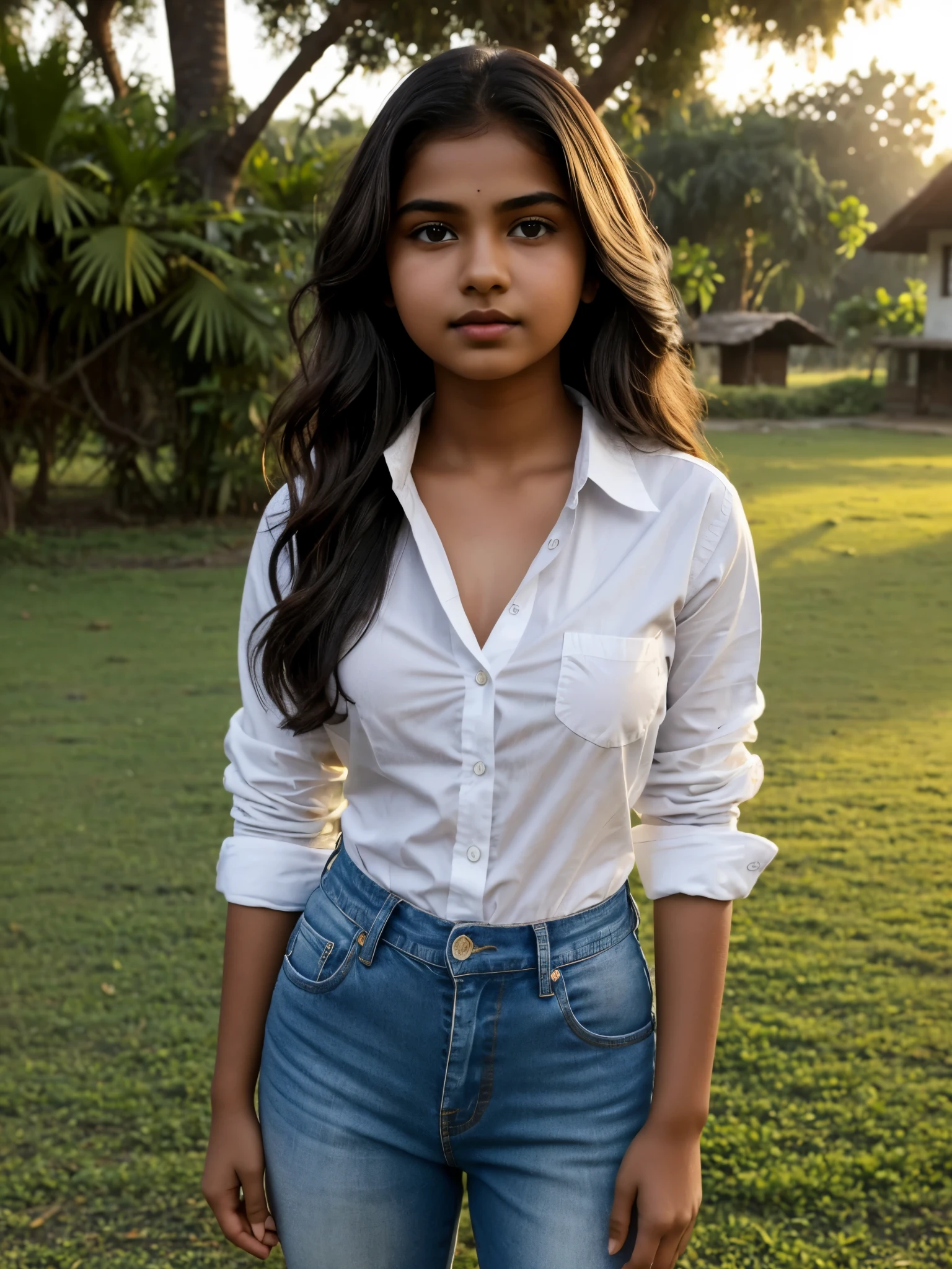 1 person, beautiful, young 12-year-old girl from India, beautiful teenage model, dark wavy hair, corpulent body build, small breasts (very small breasts), quite fat, no waist, short legs, shiny black eyes, nice look, looks at the viewer, chubby face young girl, full lips, red lipstick, tight jeans, barefoot, white button-up shirt, small breasts ((white shirt unbuttoned)) A 12-year-old girl is standing on the grass near an Indian house, side view, a 12-year-old girl posing for photos. In the background there are trees and an old Indian village.