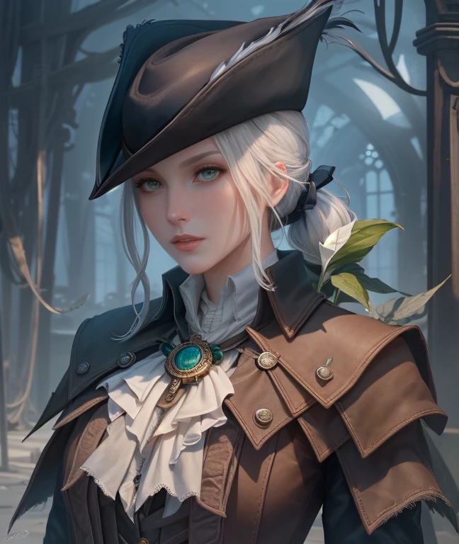 {{{masterpiece}}}, {{{best quality}}}, {{{ultra-detailed}}}, {cinematic lighting}, {illustration}, very detailed eyes, expressionless, 1girl, white_hair, green_eyes, hat_feather, boots, gloves, tricone, ponytail, lady maria of the astral clocktower, bloodborne, blood, {Portrait}, looking at viewer