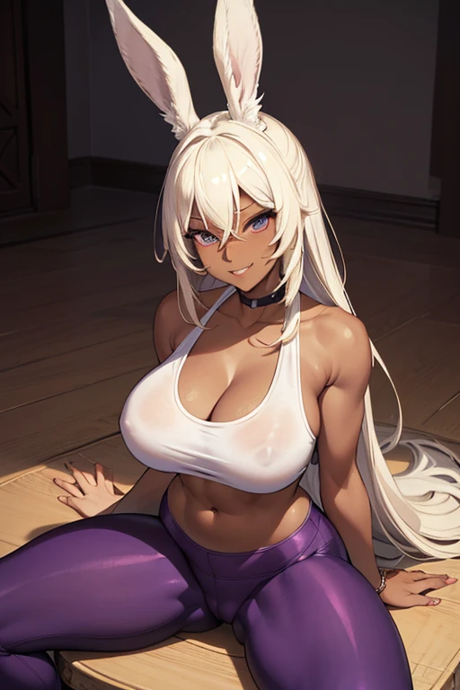 (masterpiece), best quality, highly detailed faces, (SHARP details), 4k, highly detailed, expressive eyes, SHARP detail expressive eyes, (SHARP detail perfect face), ((dark skin)), (bunny ears), (viera), ((platinum blonde hair)), (choker) amber eyes, long and wild hair, (mature woman), (big breasts), smiling, toned body, standing, (wearing white tank top), ((wearing purple yoga pants)), ((solo)), wide hips, (((view from front))), (cameltoe), sitting, smile, midriff, sitting on chair, (legs up), spread legs, leaning back,