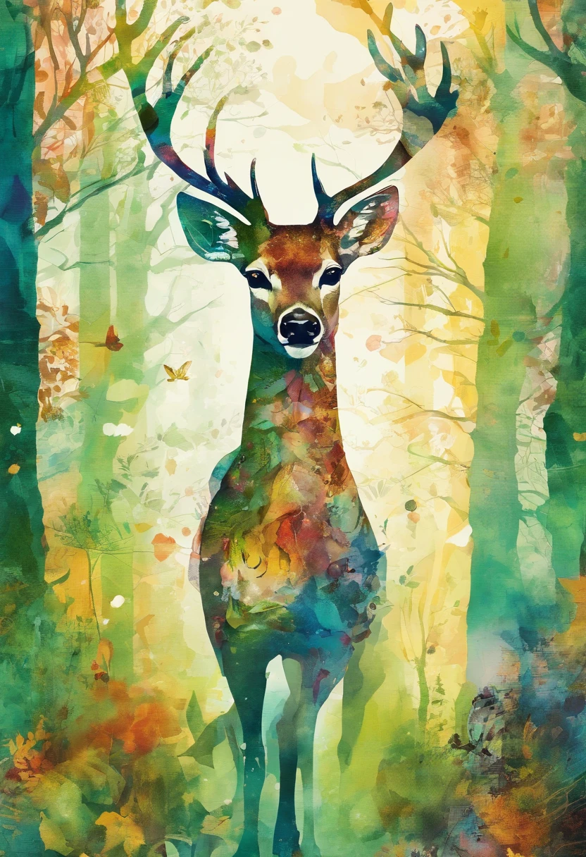 female deer rêveuse, regard doux tendre rêveur (expression perdue dans ses rêves), posture marche tête vers le ciel, green forest background ::2 colorful ink painting ::2 art fantasy