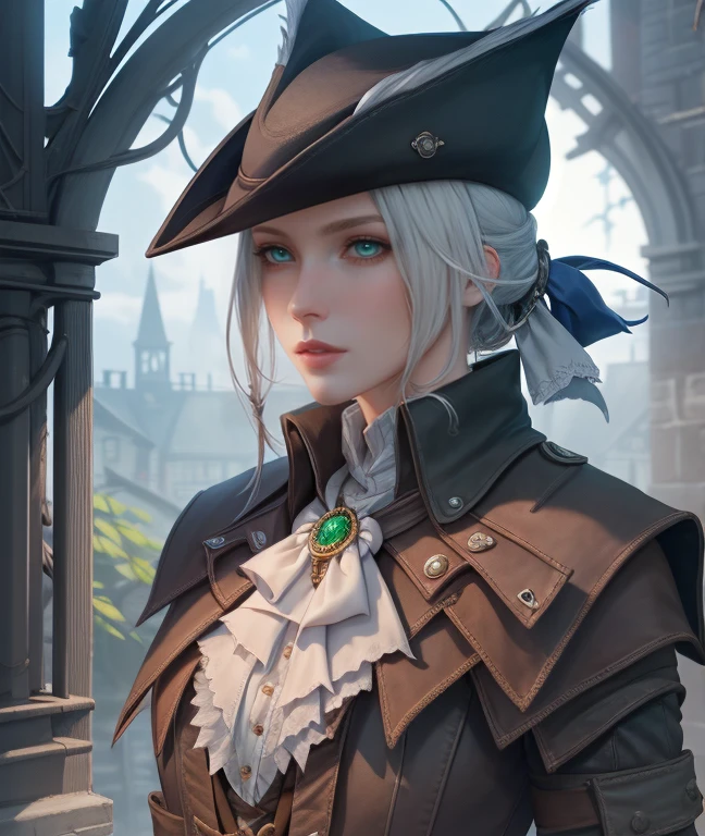 {{{masterpiece}}}, {{{best quality}}}, {{{ultra-detailed}}}, {cinematic lighting}, {illustration}, very detailed eyes, expressionless, 1girl, white_hair, green_eyes, hat_feather, boots, gloves, tricone, ponytail, lady maria of the astral clocktower, bloodborne, blood, {Portrait}, looking at viewer