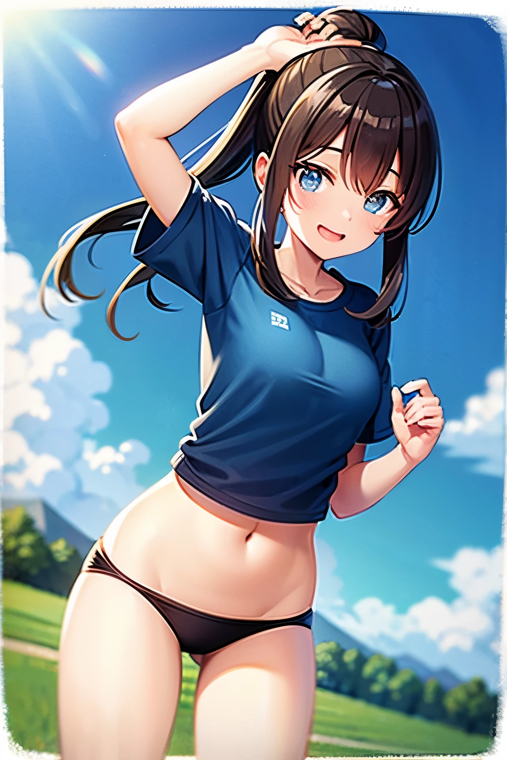diet,cute,girl,ponytail,fun,Guts pose,smile,blue sky,Sporty