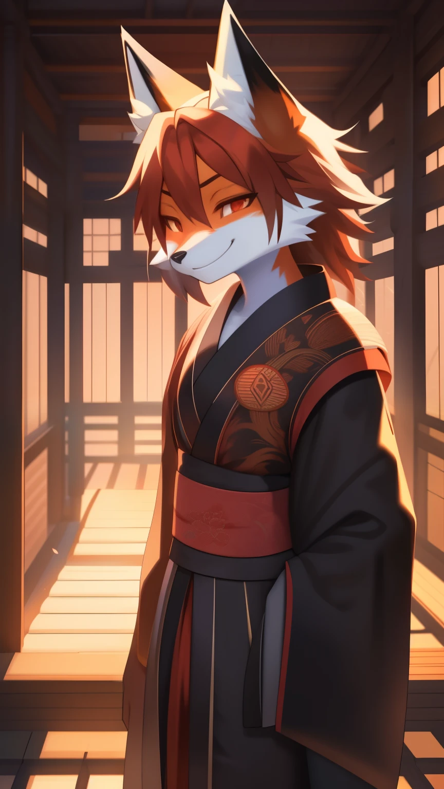 Best quality, super detailed illustration, warm colors, Ideal lighting, (Fluffy fox boy:1.4), white and black colors, feminine face and body, disheveled thick fur, samurai clothing, Japanese atmosphere ,at an outpost in the middle of the forest, smug smile, half-closed eyes , Femboy,  slim, perfect body, style &quot;DND&quot;, Demonic presence, evil spirit