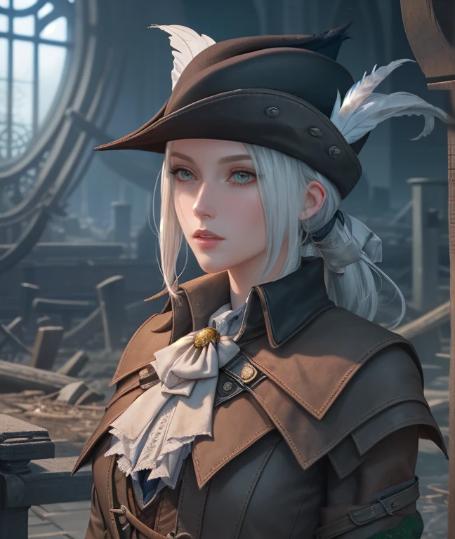 {{{masterpiece}}}, {{{best quality}}}, {{{ultra-detailed}}}, {cinematic lighting}, {illustration}, very detailed eyes, expressionless, 1girl, white_hair, green_eyes, hat_feather, boots, gloves, tricone, ponytail, lady maria of the astral clocktower, bloodborne, blood, {Portrait}, looking at viewer