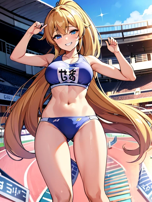 ((highest quality)), ((masterpiece)), (detailed), (Character Focus、breast focus,whole body), (One Girl: 1.1)、Anime 2D Rendering, Realistic young anime woman, Five Fingers, Perfect Face, Beautiful fine details, Beautiful body, Beautiful thighs, Beautiful feet, White beautiful skin, Baby Face、 、 Golden Hair、(ponytail), Sparkling blue eyes、double eyelid、 ((racing bikini))、 smile、((Grin))、可愛い顔と魅惑的なsmile,Turn your face and body towards the viewer、Sexy pose、Are standing、Athletics Stadium