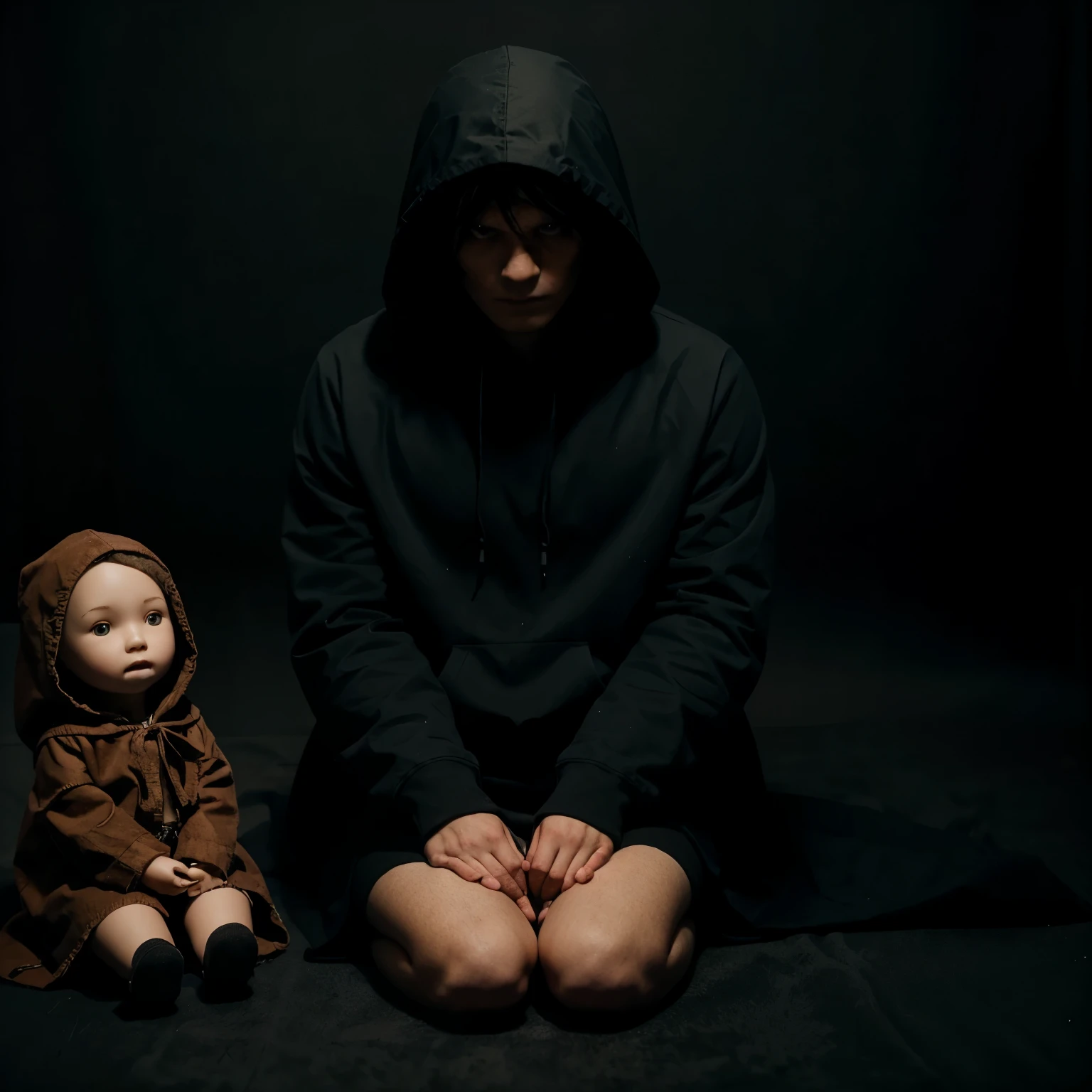 Creates a hooded man sitting with a doll on his legs with a dark, spooky background
