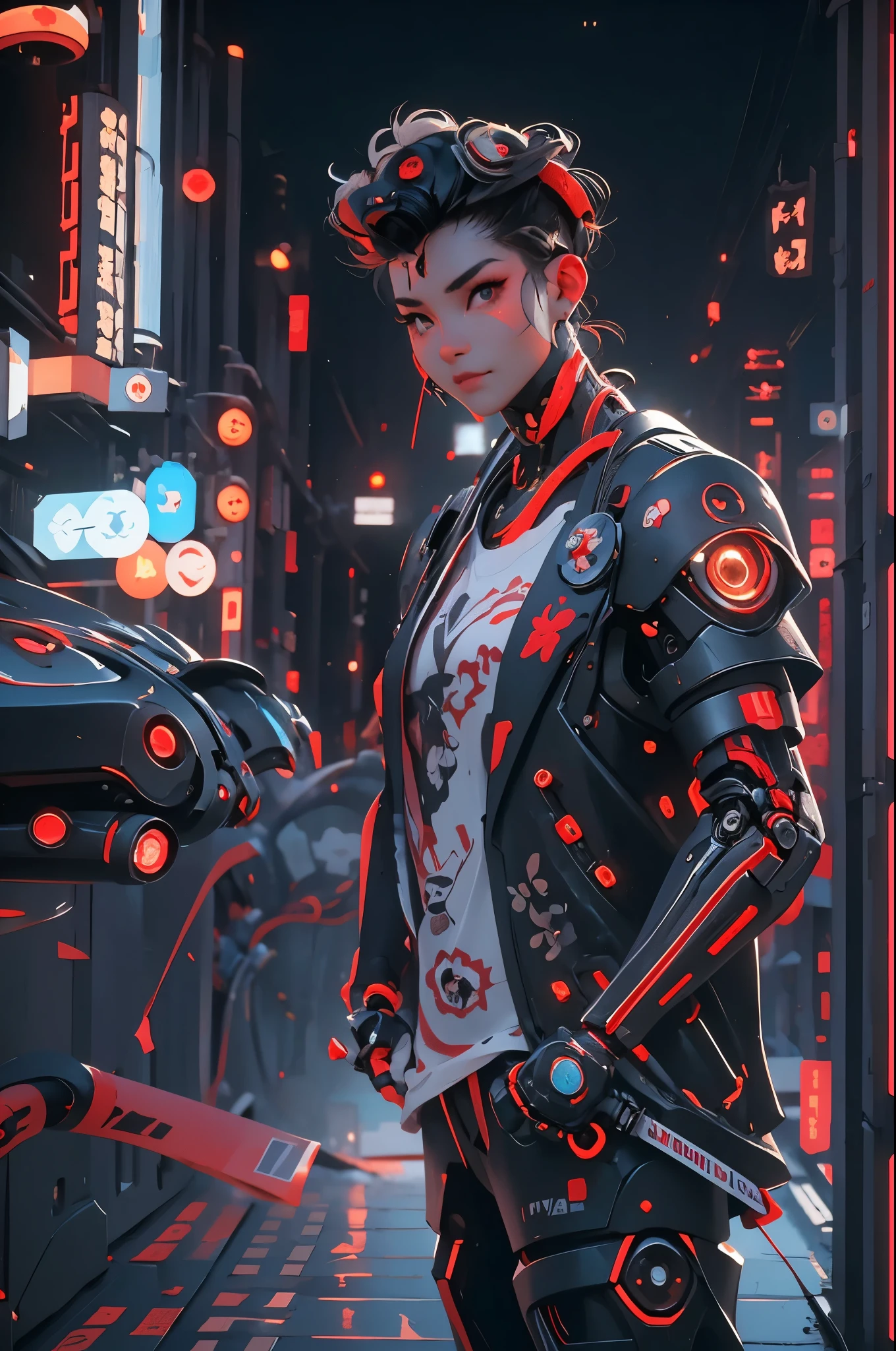 (Best quality,realistic),(portrait:1.1),(young man,20 years, standing, on asphalt),(Normal form, brown),(African hair),(not a giant),(smiling, In a shirt,((Cyberpunk 2.1)), and anti-blue light).(Cyberpunk 2.1), (fingers detail:1.4), (perfect anatomy 2.1 ), (White transparent cyborg robot:1.4), (night night :1.4).(emerging figure on parade, render of a cute 3D anime girl), (More detailed 8K.Unreal engine:1.4,HD,La Best quality:1.4, photorealistic:1.4, skin texture:1.4, masterpiece:1.8,masterpiece), (Best quality,Объект Object), (detailed facial features:1.3).