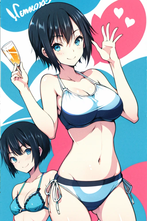 girl with short black hair and blue eyes in a bikini has a smile