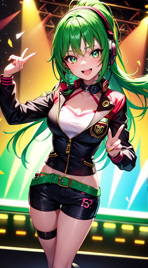 anime girl,club jacket and shorts, headphones,DJ turntable set,club lighting,stage,confetti,dancing,smiling,(best quality:1.2),(ultra-detailed:1.2),(realistic:1.37),HDR,vivid colors,portraits,shorts,headphone girl,energetic pose,colorful lights,stage set,confetti raining,joyful expression,dance floor ,anime style, atmosphere,techno music,electronic dance music,festival vibes,hip hop beats,festival outfit,energetic dance moves,expressive eyes,long hairstyle with vibrant green and red color hair, gold eyes, elaborate makeup neon lights,beaming smile,positive vibes,high-energy performance,stylized backgrounds,colorful visuals,excitement in the air, upper body portrait