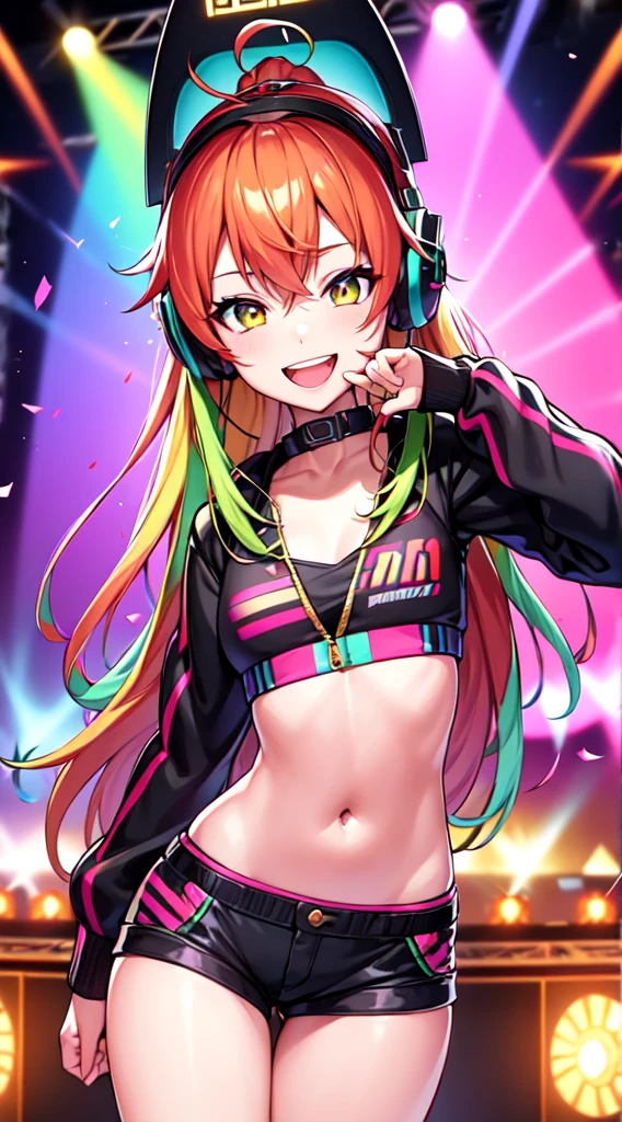 anime girl,club jacket and shorts, headphones,DJ turntable set,club lighting,stage,confetti,dancing,smiling,(best quality:1.2),(ultra-detailed:1.2),(realistic:1.37),HDR,vivid colors,portraits,shorts,headphone girl,energetic pose,colorful lights,stage set,confetti raining,joyful expression,dance floor ,anime style, atmosphere,techno music,electronic dance music,festival vibes,hip hop beats,festival outfit,energetic dance moves,expressive eyes,long hairstyle with vibrant green and red color hair, gold eyes, elaborate makeup neon lights,beaming smile,positive vibes,high-energy performance,stylized backgrounds,colorful visuals,excitement in the air, upper body portrait 