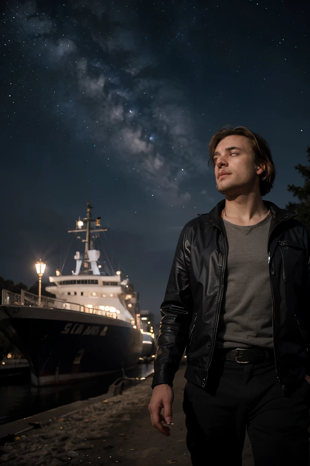 homem andando no solo lunar com solitude estampada no seu rosto, in the background your broken ship with the starry sky