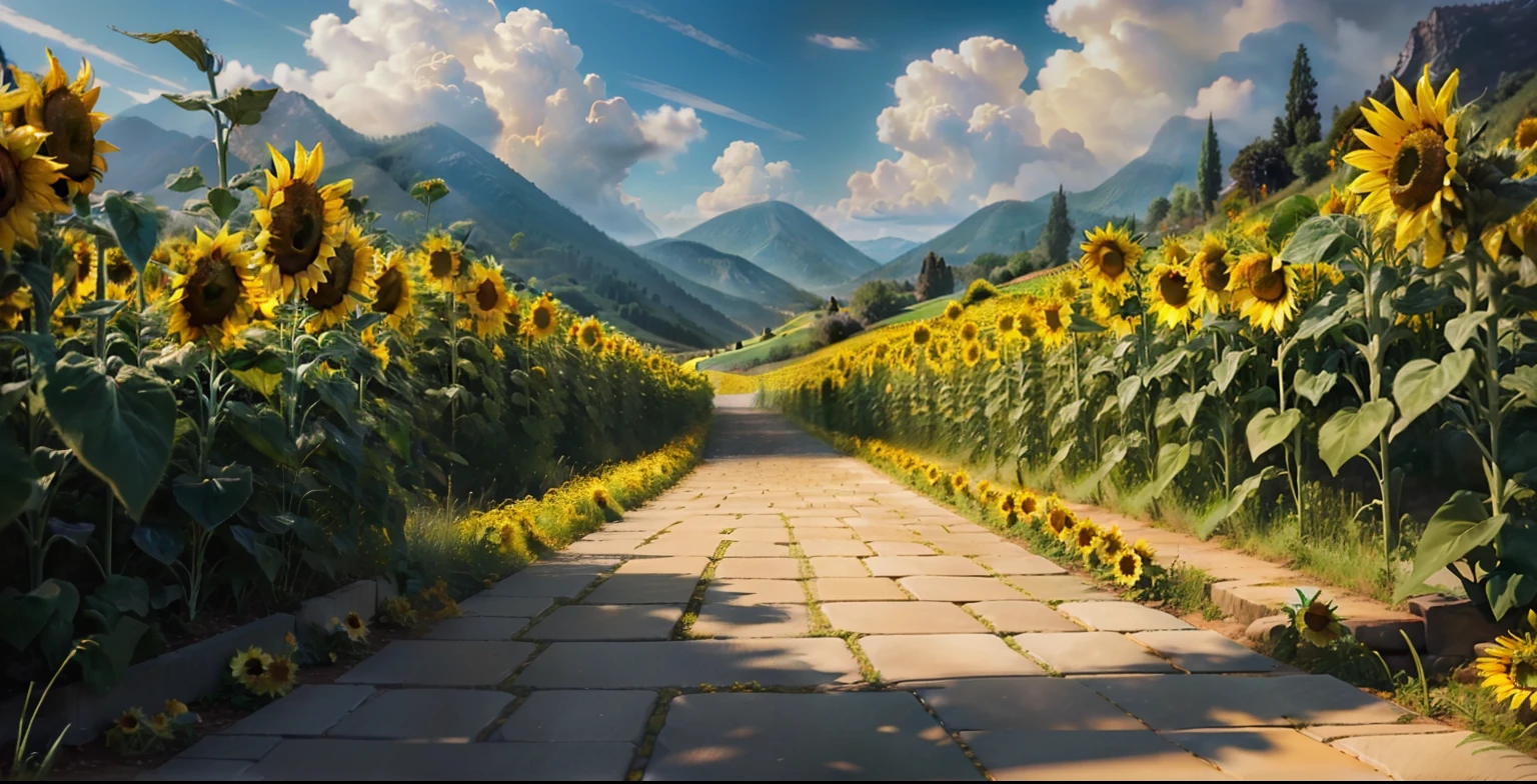 beautiful landscape, this is the yellow brick road from Wizard of Oz, with sunflowers on either side. Very stunning, digital art, realisitic, HD, 8k resolution