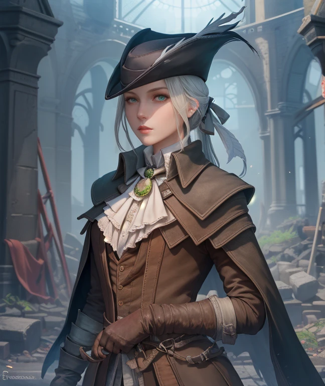 {{{masterpiece}}}, {{{best quality}}}, {{{ultra-detailed}}}, {cinematic lighting}, {illustration}, very detailed eyes, expressionless, 1girl, white_hair, green_eyes, hat_feather, boots, gloves, tricone, ponytail, lady maria of the astral clocktower, bloodborne, blood, {Portrait}, looking at viewer