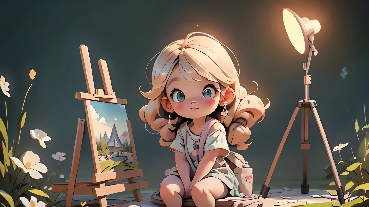 Masterpiece, best quality, 1 girl, painting in the sky in the mountains, more childlike