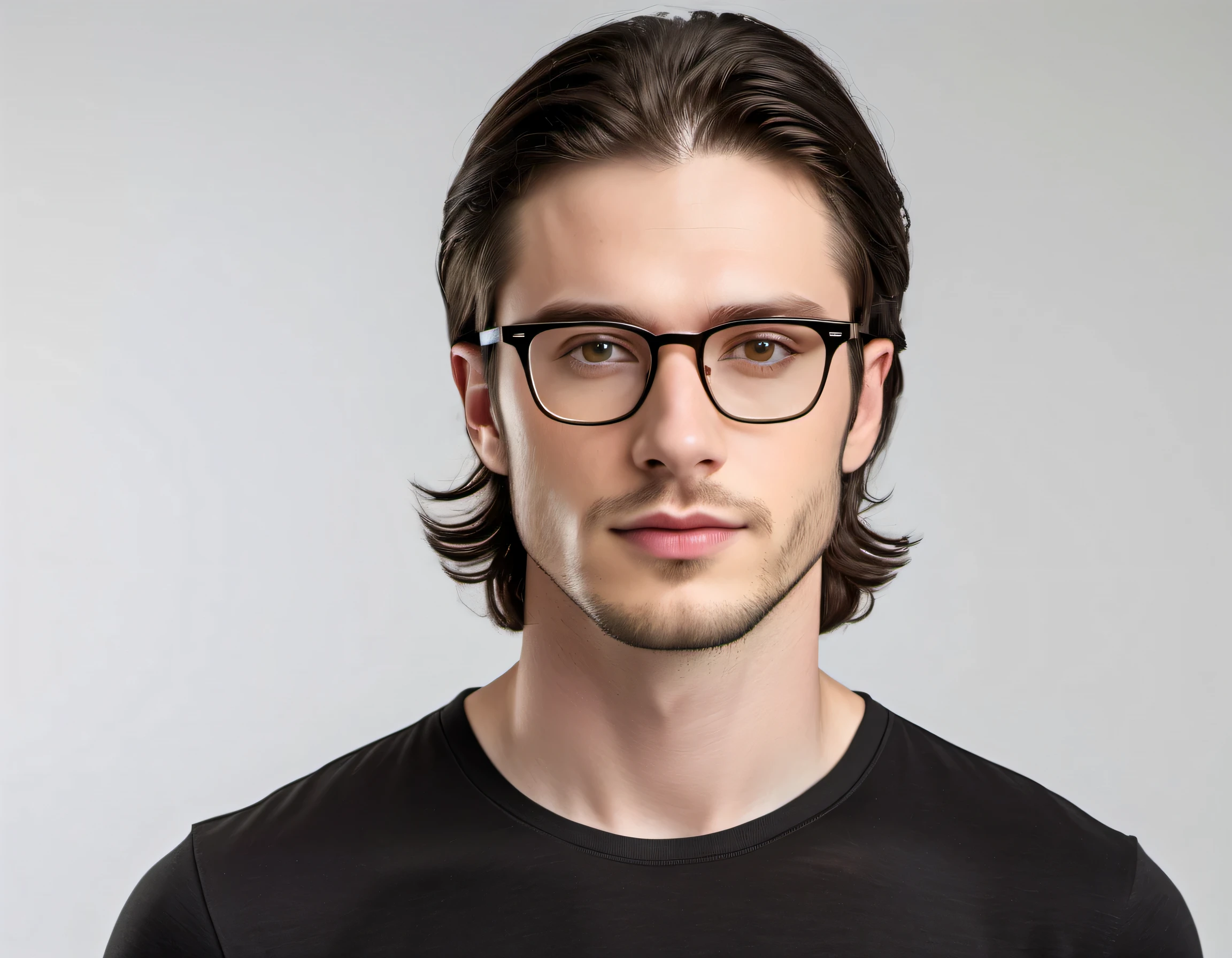 A (average man: 1.3), (pale skin: 1.2), brown eyes, realistic eyes, looking at camera, positioned with the body straight, long wavy black Hair, square eyeglasses, (thin body:1.2), Short stubble beard, realistic man, wearing a black t-shirt, against white backdrop, studio photo, 26 years old, captured in 4k realism, (portrait of upper body: 1.4), Full body, (best quality,4k,8k,highres,masterpiece:1.2),ultra-detailed,(realistic,photorealistic,photo-realistic:1.37),vivid colors,portraits,professional,perfect lighting, ((Best Quality, 8K: 1.3)), SFW.