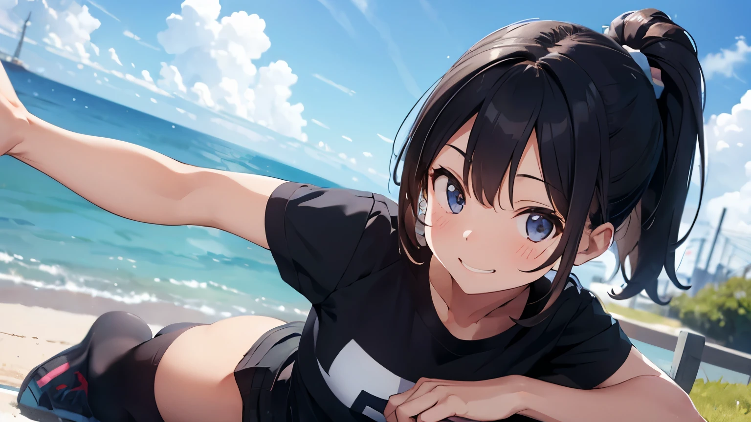 diet,cute,girl,ponytail,fun,Guts pose,smile,blue sky,stretch,Short sleeve,Not erotic