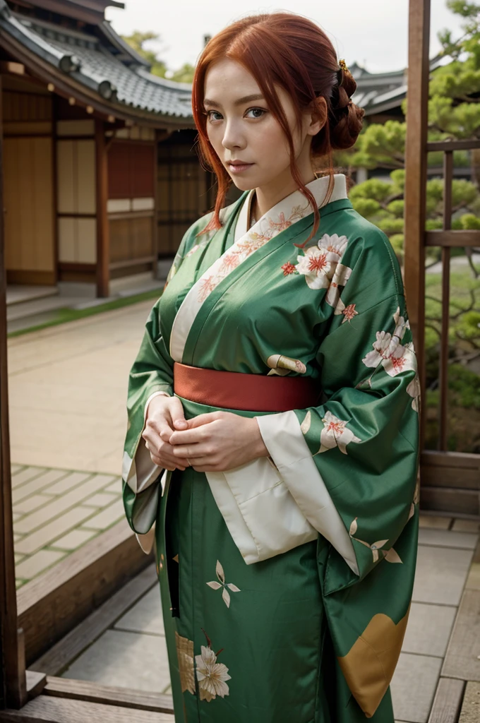 Old Japan red hair woman green eyes wearing kimono pretty pose