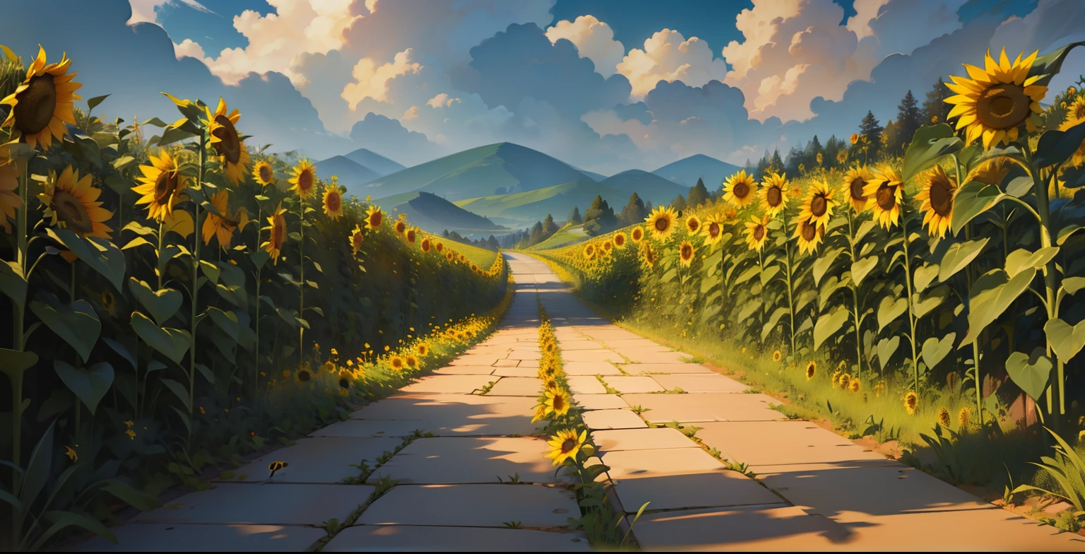 beautiful landscape, this is the yellow brick road from Wizard of Oz, with sunflowers on either side. Very stunning, digital art, realisitic, HD, 8k resolution