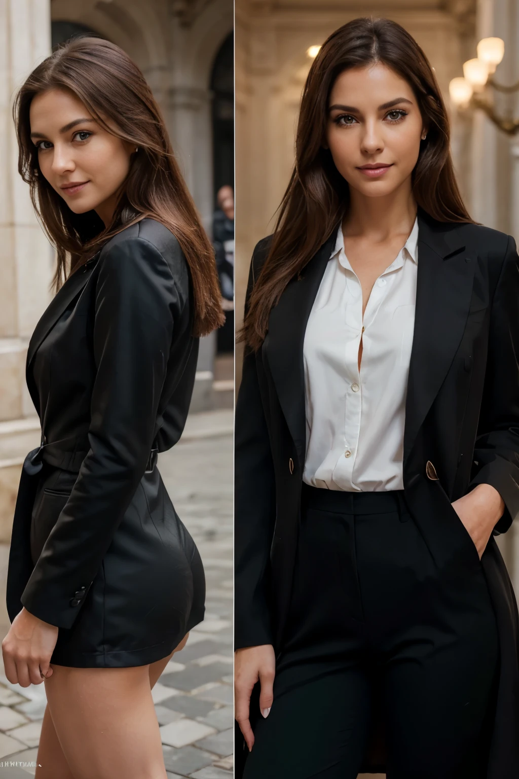 mature woman, 30 years old, brown hair, European woman, smiling, full body in photo, multiple views, Zoom out, serious, beautiful, cool, realistic hair, green eyes, discreet pose, European Eyes, average build, ass medium round, medium long coat, beautiful clothes, beautiful black suit, beauty clinic, where he works with slashed eyelashes on the cover, work of art, ultra high resolution, (photorealistic: 1.4), raw photo, ultra realistic, detailed background, refined , detailed, realistic face, detailed face, realistic skin, (raw photo, best quality), extremely detailed, CG, unity, Amazing, fine details, slight smile.
