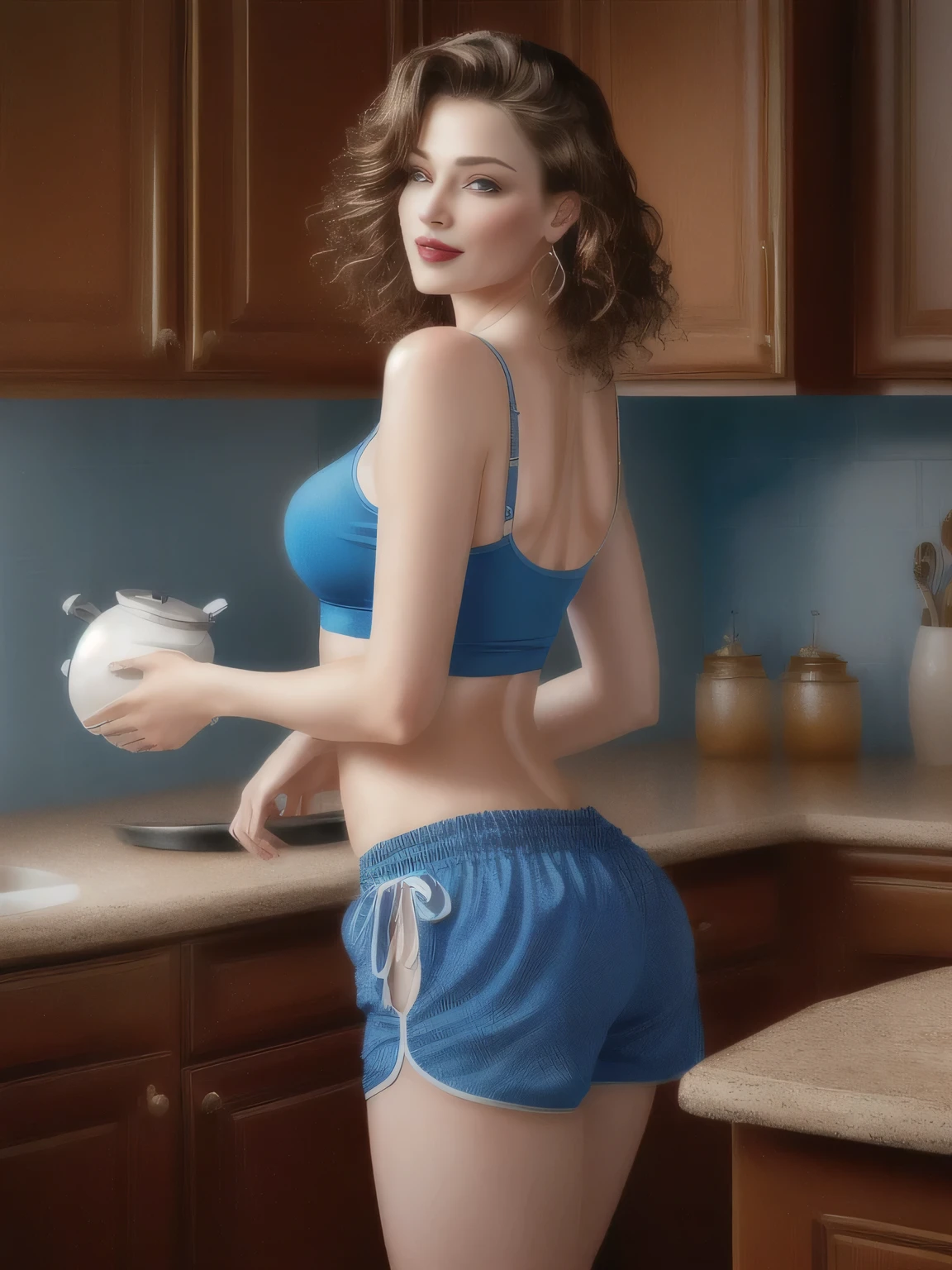Woman in shorts and a blue tank top, standing in the kitchen with a pot and frying pan on the counter, in the kitchen, wearing blue plastic shorts, photo from behind, wearing tight shorts and a tight blue tank top, 40 years old woman. Slim woman with thin waist. Her body exudes glamor and her face is the definition of beauty. Test, highly realistic, reddish skin, beautiful, slightly full lips, red lipstick, feeling of lightness and joy, hyper-realism, very elaborate skin, direct look. Full body photo, clear and high quality photo. Beautiful woman, extremely sexy, very sensual. Masterpiece: 1.3, high resolution, (photographically realistic), 8k, NUDE, NUDITY, NFSW.