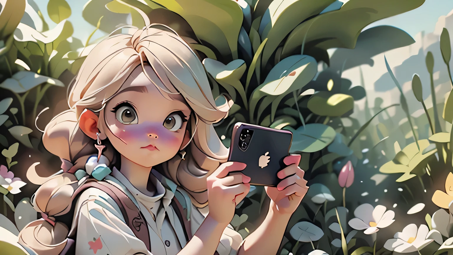 girl photographer, 10 years, blonde, long hair, smartphone in hand, takes a photograph of a distant view of a natural landscape on a smartphone. 
