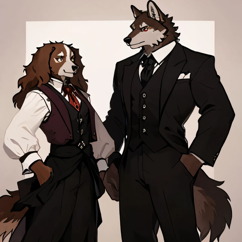 An anthropomorphic male Cocker Spaniel, with red eyes, white and brown fur, and a slim body. He has long hair. He wears a black Victorian-style vest suit with a white button-down blouse underneath and a wine-colored tie with long sleeves and a wine-colored sash tied around his waist, burgundy long pants. He is next to a tall, strong and muscular An anthropomorphic grey wolf with yellow eyes, tall, strong, muscular, and . He wears a black overcoat, and underneath, a black Victorian-era-style suit with a black tie, black pants, and black shoes. The two are together and are taking a couple photo. the gray wolf is married to the male cocker spaniel