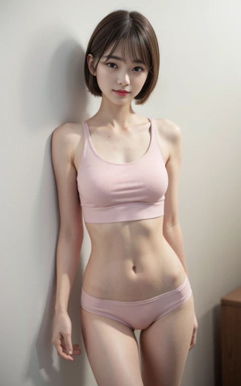 ((smallunderboob,Tomboyish,small heads)), (Well-defined abs: 1.1), (perfect bodies: 1.1), (short-length straighthair: 1.2), Black hair, upper body photos, attractive collarbone，nabel，（极其细致的CG 8k壁纸），（Extremely refined and beautiful），（tmasterpiece），（best qualtiy：1.0），（超高分辨率：1.0），beautiful light up，Perfect lightning，realistic shaded，[A high resolution]，Smooth and flawless fair skin，ultra - detailed ，Elongated legs，flatchest，Slim，emaciated，during night，Dim light，Pink cloth jacket，Pink horizontal stripe vest，Pink pant，Barefoot