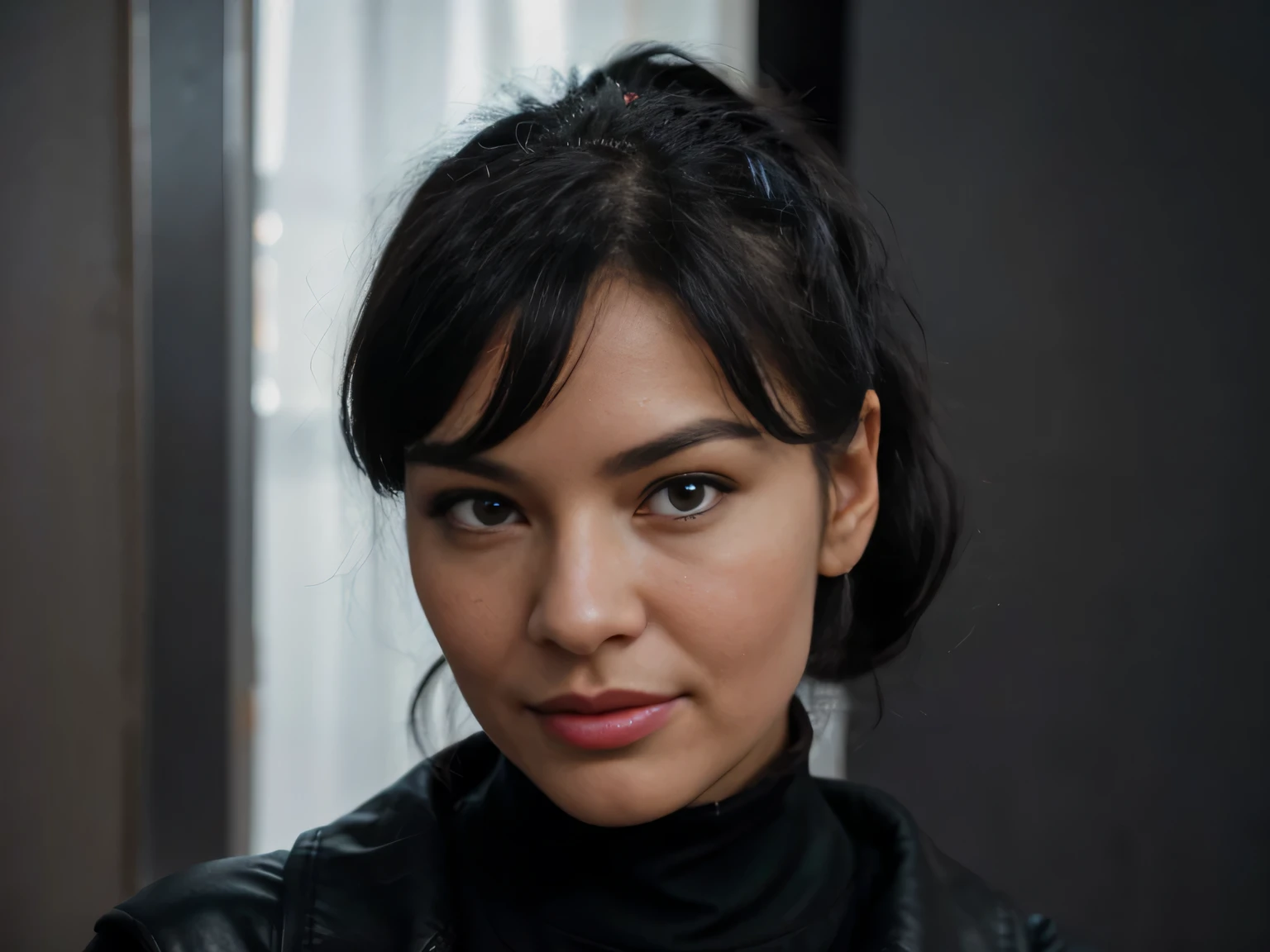 proFessional portrait photograph oF a gorgeous smiling Bettie page girl in winter clothing ,ponytail Black hair, black long maxi-skirt(black long maxi-skirt:1.2),sultry Flirty look, gorgeous symmetrical Face, joli maquillage naturel, wearing elegant warm winter Fashion clothing,flirting with the camera, ((black leather gloves)), ((sitting in front of me in mty dark hotel room holdin my hand with love)), ultra realistic, art conceptuel, elegant, Very detailed, complexe, sharp Focus, depth oF Field, F/1. 8, 85mm, (((proFessionally color graded))), bright soFt diFFused light, (volumetric Fog), tendance sur Instagram, hdr 4k, 8K
