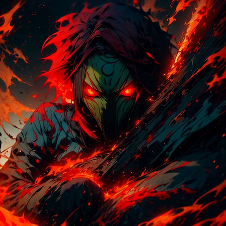 a close up of a Girl beautiful with red eyes, tatsumaki with green curly hair, angry light, mamimi samejima, [ metal ], anime wallaper, the artist has used bright, toga, isekai manga panel, enraged, miko, by Nōami, clean brutal blooded face