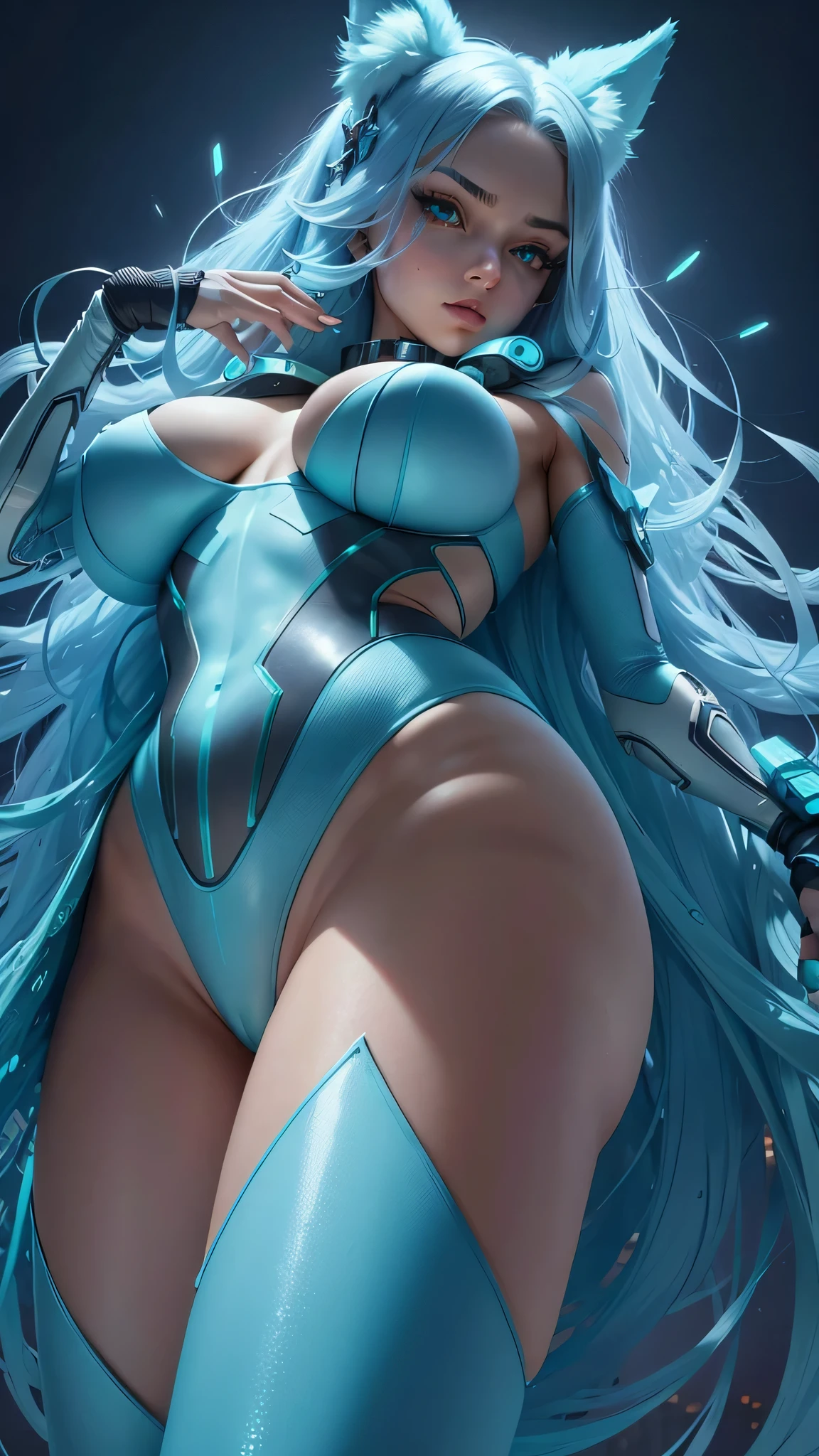 Gorgeous girl, big breasts, big ass, thin waist, Open legs, High facial detail, futuristic sexy costume, cyberpunk, ((light blue)) very long hair, city of the future, hologram, Neon lighting, ultra detailed, a high resolution, masterpiece, high quality, a high resolution, Fox ears, pose standing one leg up,