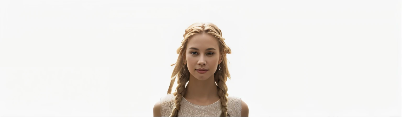 award winning glamour photograph,((best quality)), ((masterpiece)), ((realistic)), piercing eyes, looking straight, very happy, blonde hair, ((quad braids)), afternoon light, slim waist,