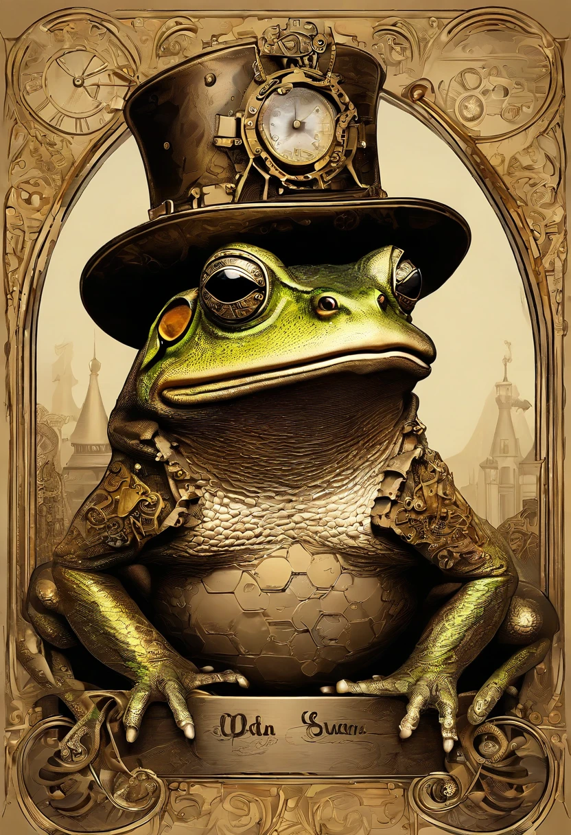 create a NFT of a frog. It is smart and wears a hat. He is happy and looking at a gold coin. The NFT should be in a basic drawing style. There should be technology in the picture as well.