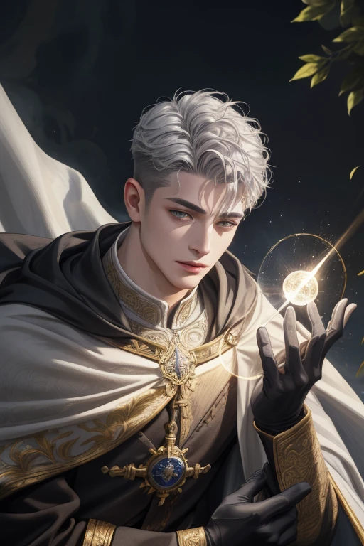 (Absurdres, Intricate Details, Masterpiece, Best Quality, High Resolution, 8k), 1 male, masculine, young, aged up, dreadful, finely detailed eyes and face, gray short back and sides hair, black eyes,  portrait,  looking at viewer, solo, (full body:0.6), detailed background, (RootsBranchesAI theme:1.1) glowing eyes, gentle smile,   high fantasy, cleric, casting healing spell,  hovering in air, sunshine, floating leaves,  color cape, gloves, magic sphere, divine spell, mana, bright realistic lighting, marble castle in background, peaceful atmosphere,  tiara of light hovering above head, , Depth of Field, VFX.