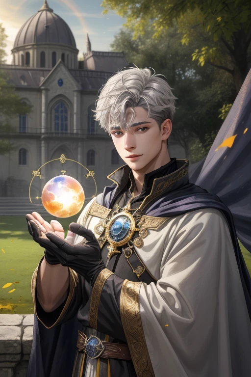 (Absurdres, Intricate Details, Masterpiece, Best Quality, High Resolution, 8k), 1 male, masculine, young, aged up, dreadful, finely detailed eyes and face, gray short back and sides hair, black eyes,  portrait,  looking at viewer, solo, (full body:0.6), detailed background, (RootsBranchesAI theme:1.1) glowing eyes, gentle smile,   high fantasy, cleric, casting healing spell,  hovering in air, sunshine, floating leaves,  color cape, gloves, magic sphere, divine spell, mana, bright realistic lighting, marble castle in background, peaceful atmosphere,  tiara of light hovering above head, , Depth of Field, VFX.