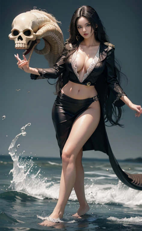 Full body portrait，巨snake，Skull，(((masterpiece+best quality+high resolution+Super detailed))), Boya Hancock, Long black and smooth hair, high nose, Sharp eyes, noble and inviolable temperament, (([woman]: 1.2 + [beauty]: 1.2 + Black long hair: 1.2)), snake_skull background, Bright Eyes, Dynamic angles and poses,half body shot, Perfect feet, Ocean滩, Ocean, water, Sexy pose,(Sagging breasts、Cleavage, cleveage、Thick thighs)), Perfect body, )