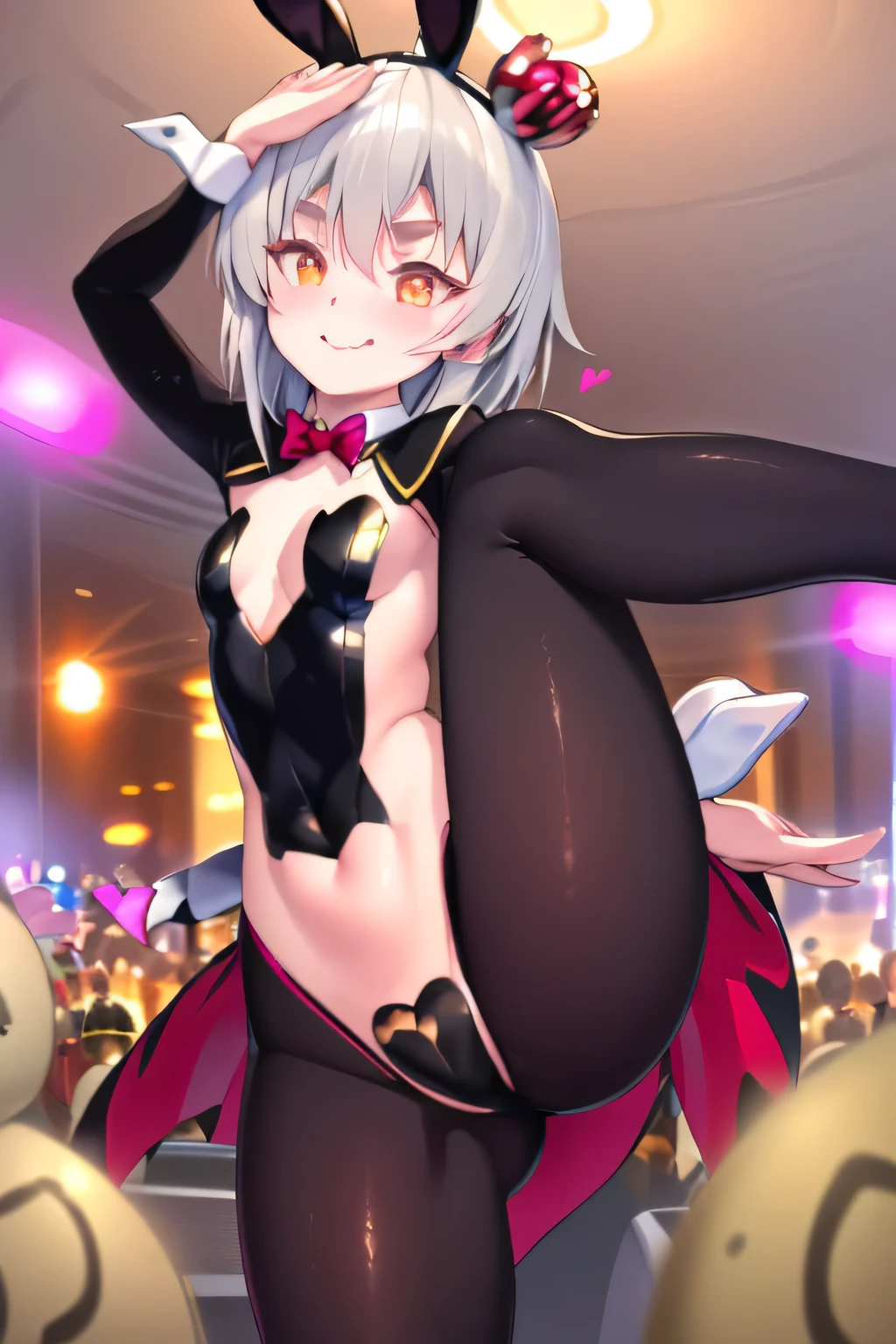 ((the best image quality、the best、Female 1、Drawing in detail))、
((Gray Hair、Silver Hair、Short Hair))、((Orange eyes、Active facial expression、Round eyebrows))、((Small breasts、Flat Chest))、(smile、Laugh with your mouth open)、
((Playboy Bunny、Bunny girl、Crotch line、Shiny Costumes、Black Stockings、Exposed Skin、nude:1.5))、(((reverse bunnysuit、heart pasties)))、((Nightclub、Pink lighting、Neon Light))、((Are standing、Straddling the camera、Crotch line、Standing on both legs、ceiling))、(Draw the crotch in the front、Angle from the ground、Composition looking up from below、Looking down at the camera、Downward)