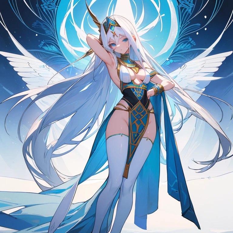 Long, waist-length platinum hair with stunning piercing blue eyes with snow-white skin, corpo magro sexy , peito grandes , no facial expression, sexy, pouca roupa , curvas sexuais, egyptian goddess outfit, olhando para frente, STANDING, de frente, showing from head to toe, sensual, olhando para o espectadorpostura ereta, with shoulders back and head up, directing the gaze directly at you in the image. Sexy , sensual, pouca roupa, Egyptian outfit.