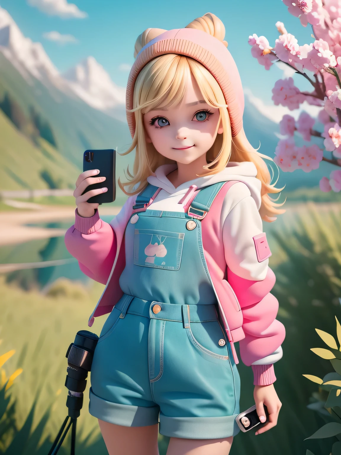 Sarah, in her green jacket over a white shirt and blue jeans, kneels down to the 's level and asks if she knows anyone named Mark. The , Mia, giggles and points towards a nearby bookstore, where she says her father works. Mia has blonde pigtails, wearing a pink dress and white shoes, and has a cute smile and playful, lively eyes. (best quality, 4k, 8k, highres, masterpiece:1.2), ultra-detailed, (realistic, photorealistic, photo-realistic:1.37), outdoor, playful, colorful, lively atmosphere).