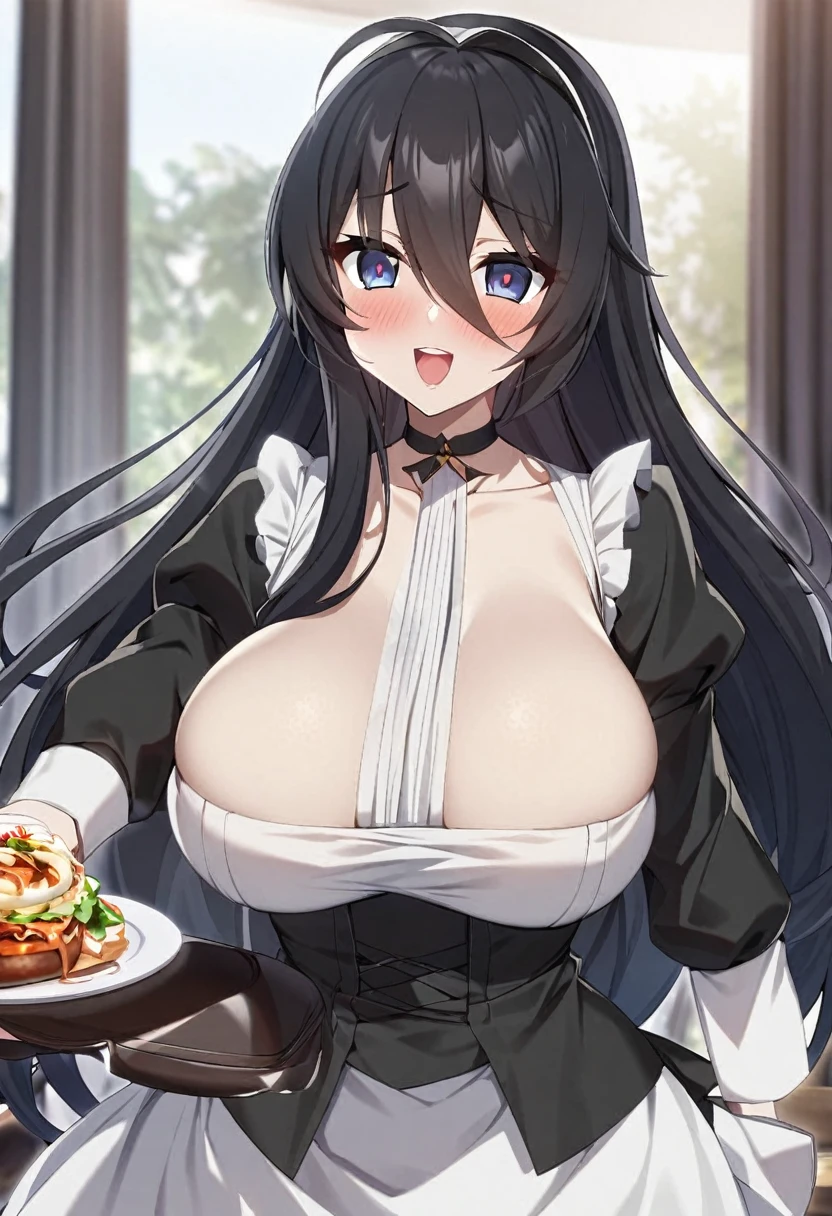 Italian girl 25 years old, very long black hair, with a super immense ?????, dressed as a waitress, the dress for her ???????