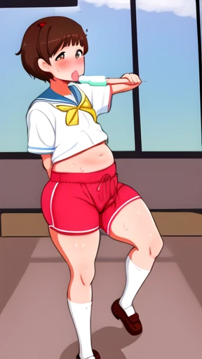 Solo, femboy, male boy, cute boy, schoolboy, japanese school white sailor summer uniform, brown bike shorts, wet clothing, short height, stocky body, big butt, wide hips, plump thighs, bottom heavy, slim belly, flat chest, small bulge, short brown hair, big hazel eyes, fair skin, smug face, bratty expression, red cheeks, sweaty, holding one popsicle, full body view, classroom background, masterpiece, head-on view, head-on perspective