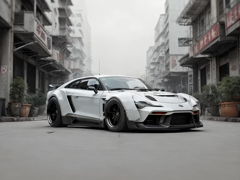 Consistently represents the theme color of the Chinese Li-Ning brand logo, The theme color is #F05133 和 #Poof, A 3/4 Front view ((futuristic cyberpunk hotrod zeekars)) (Tire glow), In the parking lot,